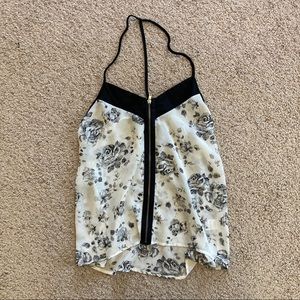 Womens Flowy Zip-Front Halter Tank Top - Black and White Floral (S)